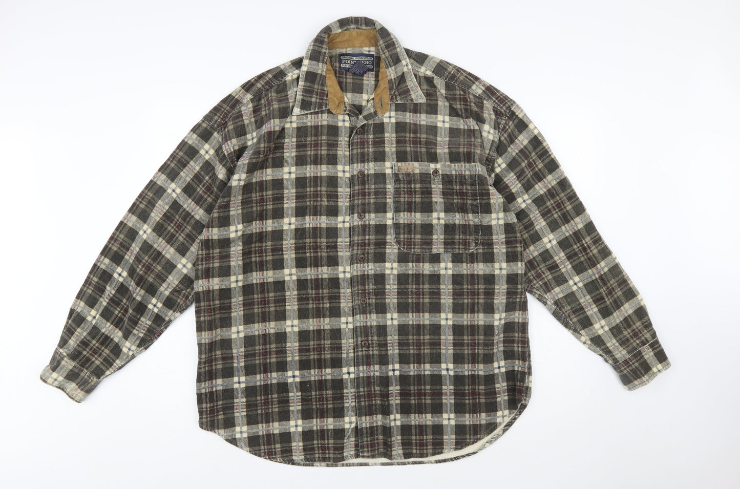 Point Zero Men's Brown Check Flannel Cotton Button-Up Shirt L