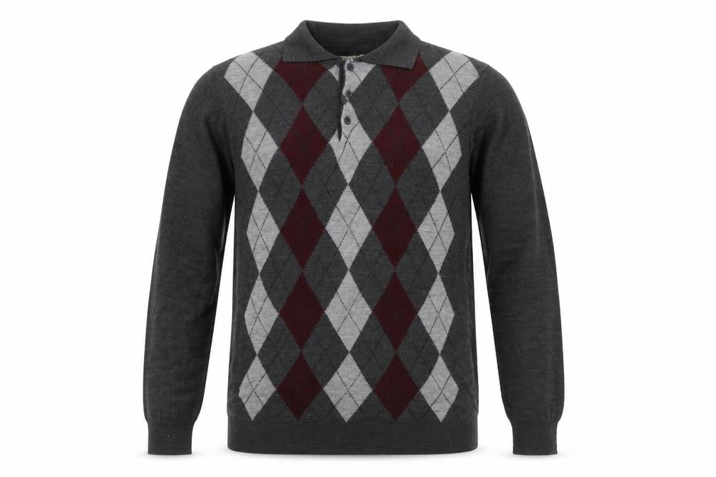 Penmans Men's Grey Argyle Collared Henley Jumper Size M