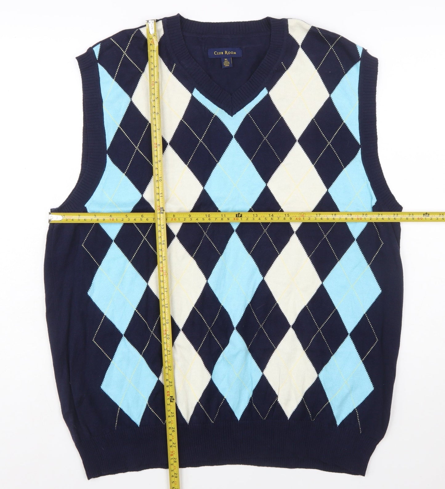 Club Room Men's Blue Argyle Cotton V-Neck Sweater Vest XL