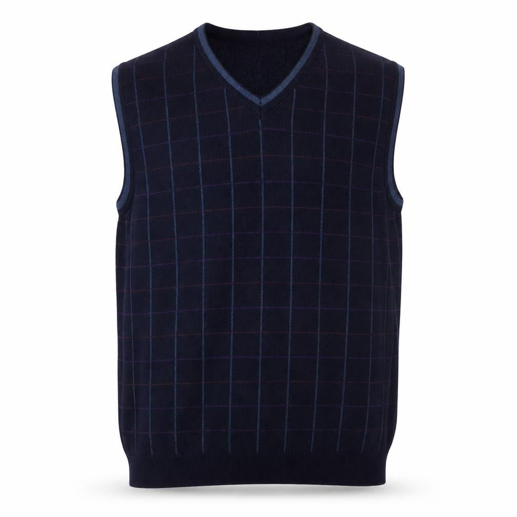 Cellini Men Blue Pure Wool Checked V-Neck Vest L