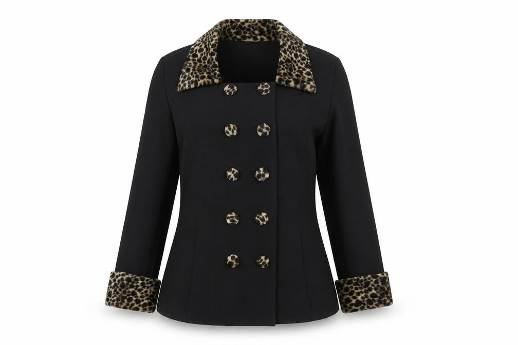 Studio C Women’s Black Leopard Trim Double-Breasted Blazer Size 10