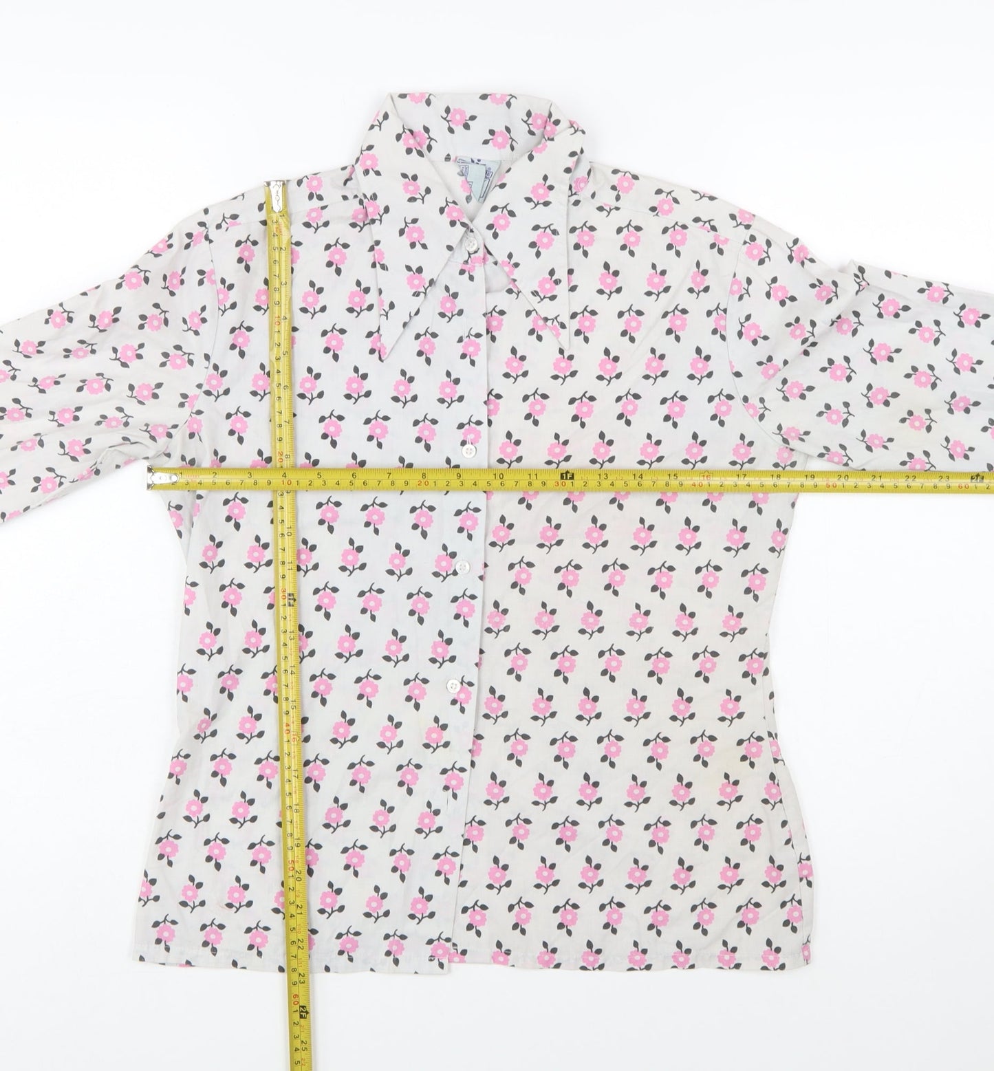 Delamare Womens White Floral Button-Up Shirt Size 14 Retro Long Sleeve