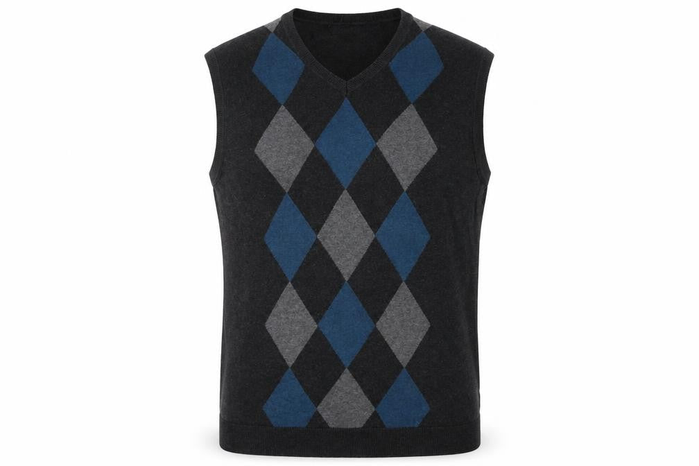 Claiborne Men's Grey Argyle Knit Cotton Sleeveless V-Neck Vest XL