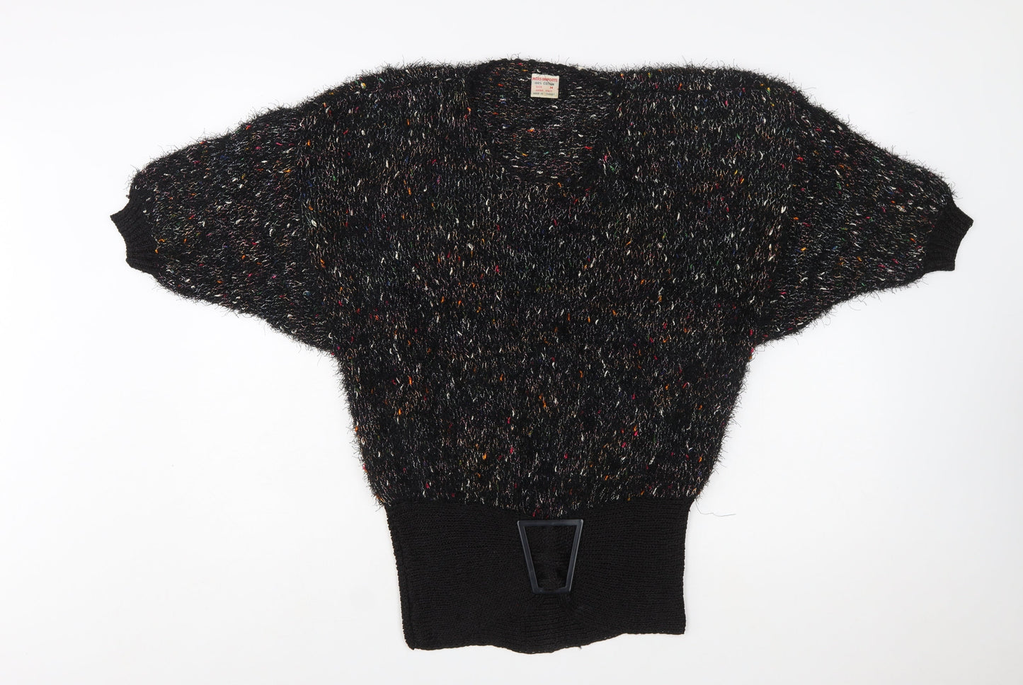 MCS Imports Women’s Black Hand Knit Cotton V-Neck Jumper M