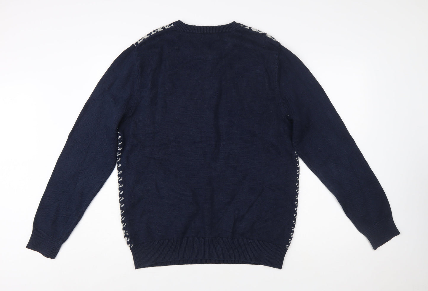 Nautica Men Blue Houndstooth Cotton Crew Neck Pullover Jumper Size L