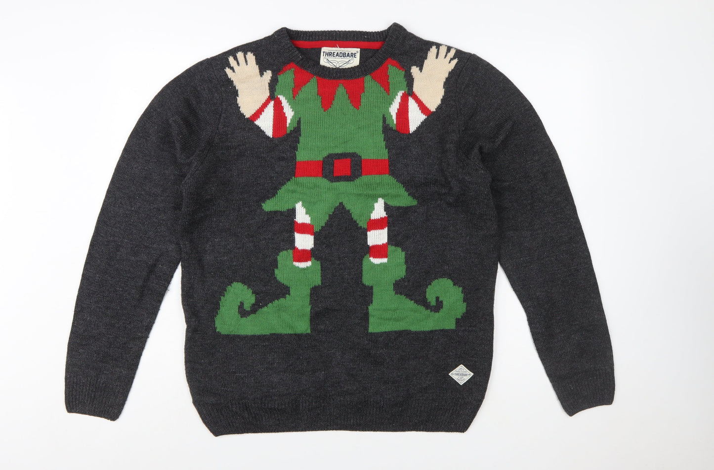 Threadbare Men's Grey Christmas Elf Pullover Jumper Size L