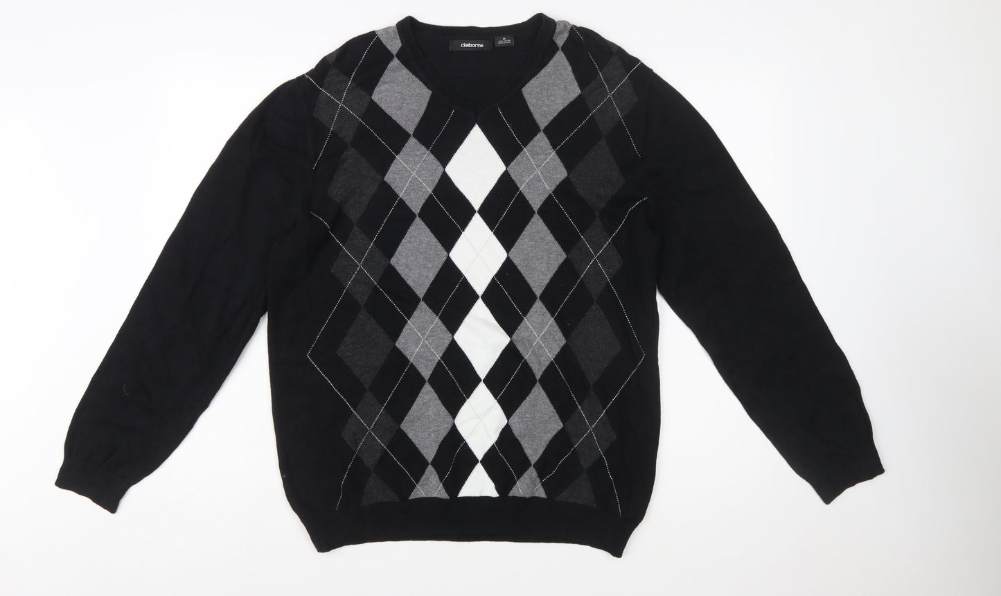 Claiborne Men's Black Argyle V-Neck Cotton Jumper Size M