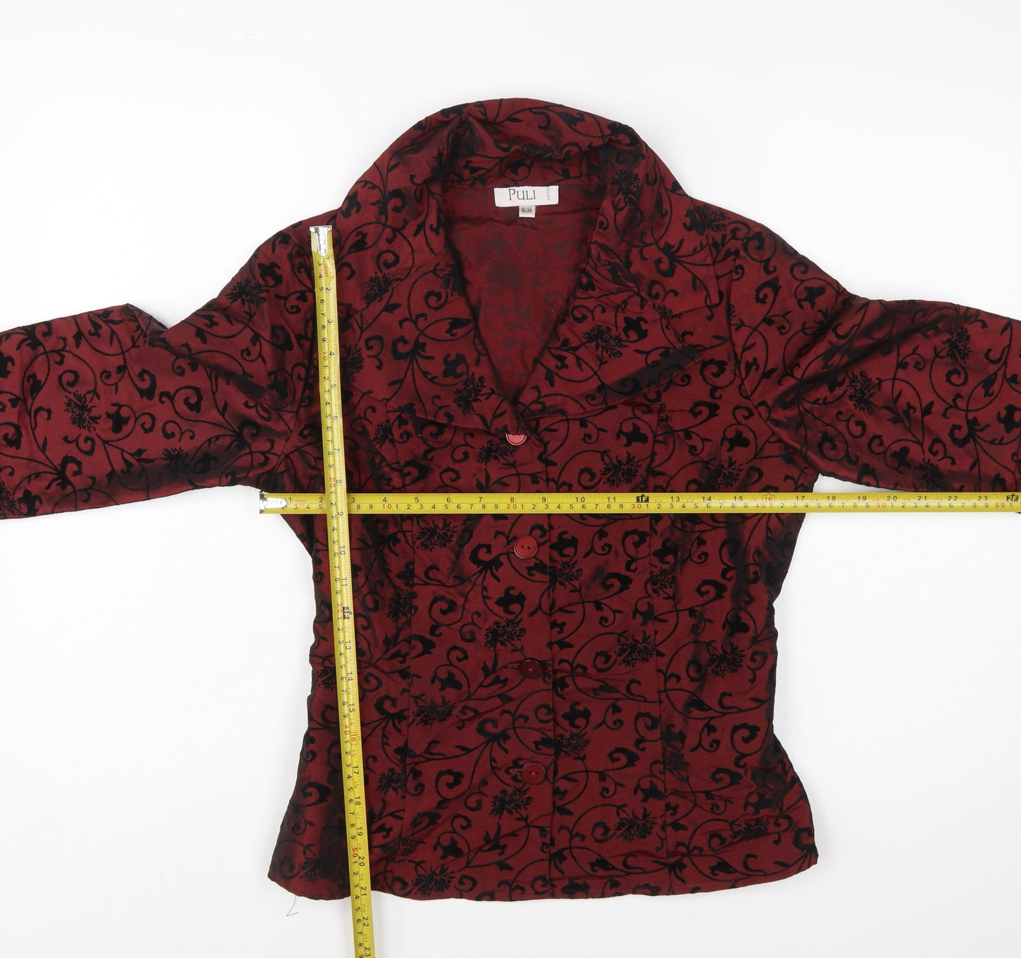 Puli Womens Red Black Floral Velvet Blazer Size 6/36 Velvet Patterned Jacket