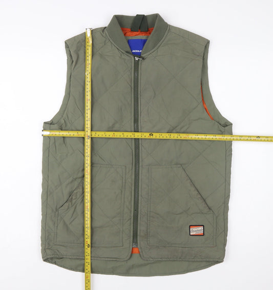Jack & Jones Men's Green Quilted Waistcoat M Full Zip Lined Outdoor