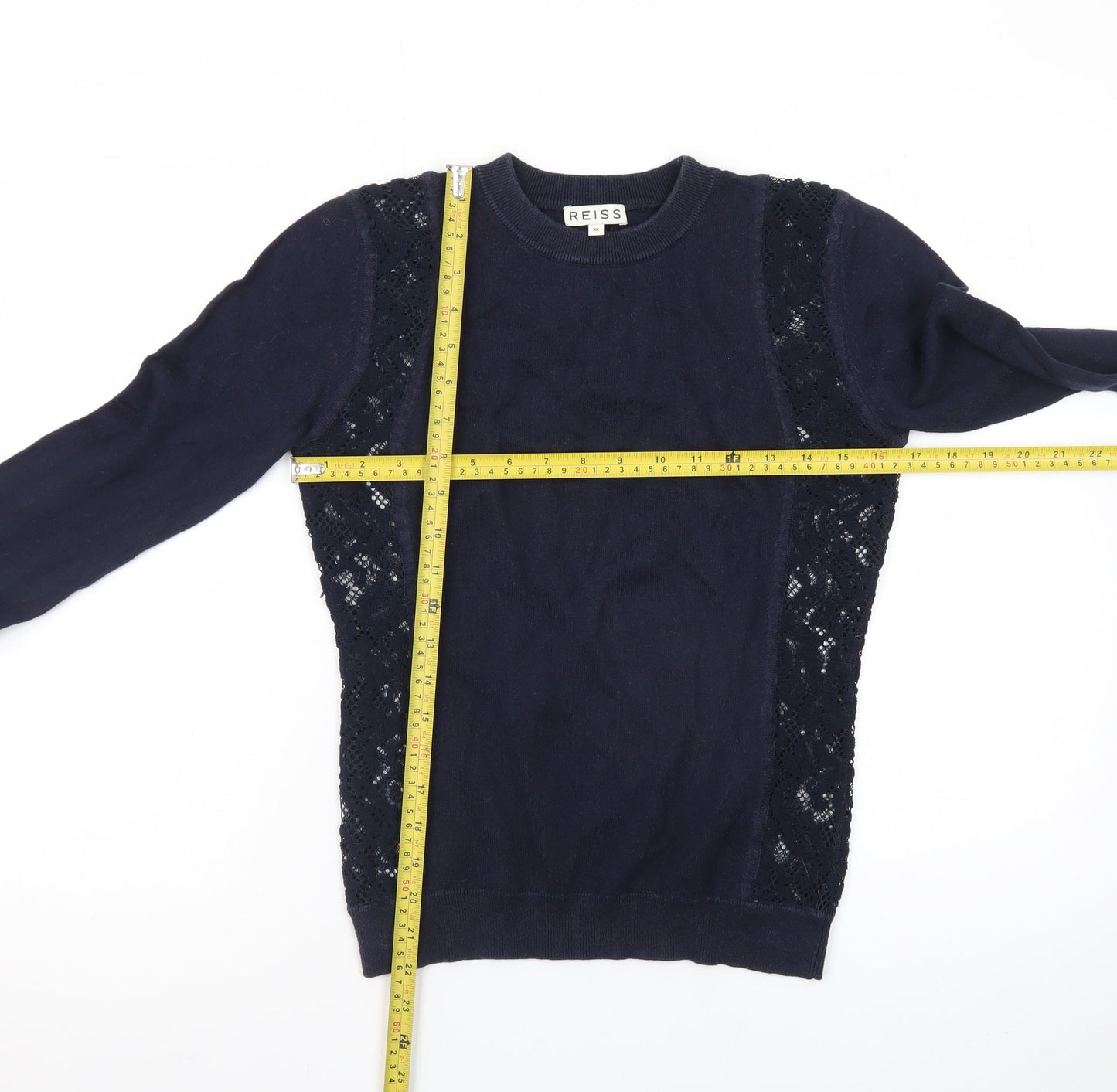 Reiss Women's Blue Lace Panel Cotton Cashmere Crew Neck Jumper XS