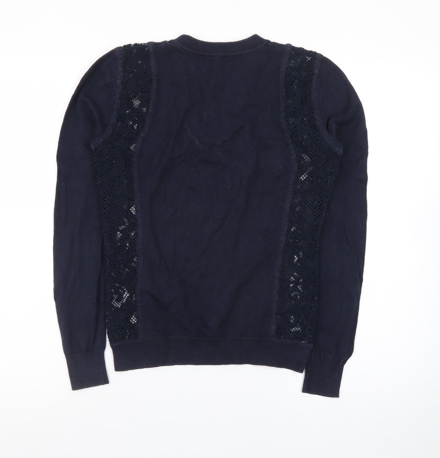 Reiss Women's Blue Lace Panel Cotton Cashmere Crew Neck Jumper XS
