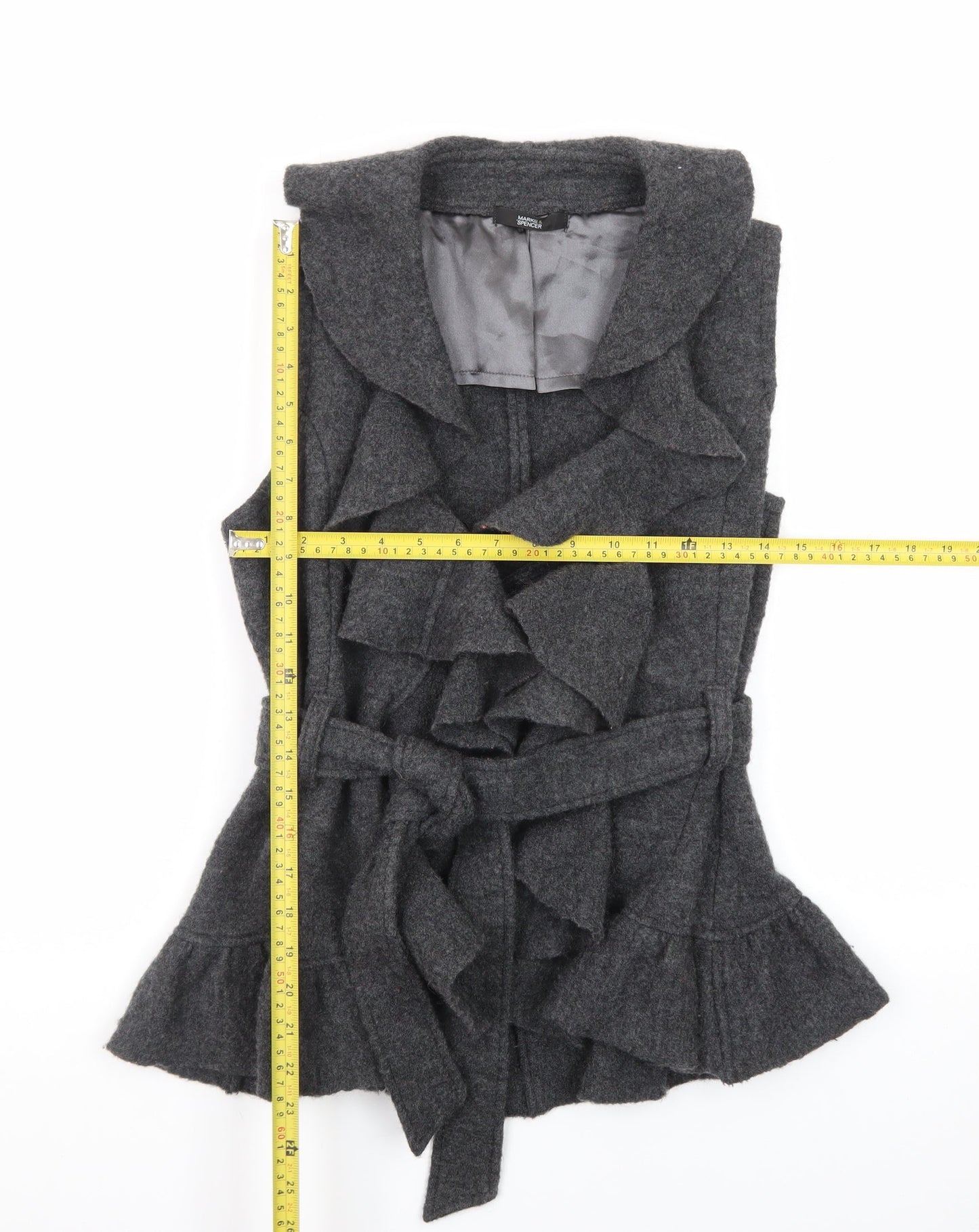 Marks and Spencer Women Grey Wool Ruffle Belted Sleeveless Vest Jumper Size 14