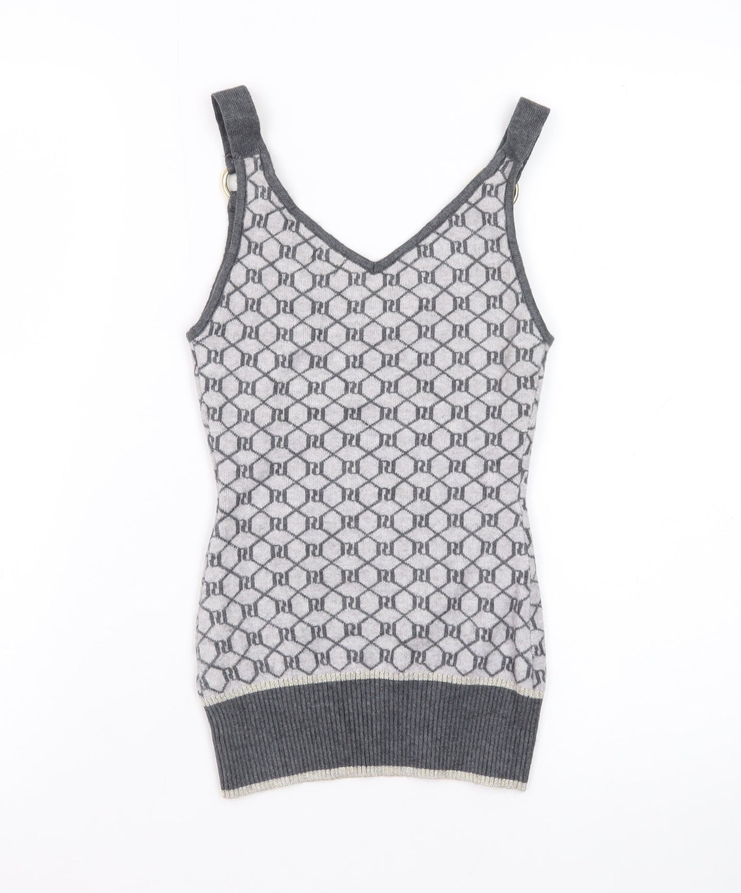 River Island Women Grey Knit Geometric Tank Top Size 6 V-Neck