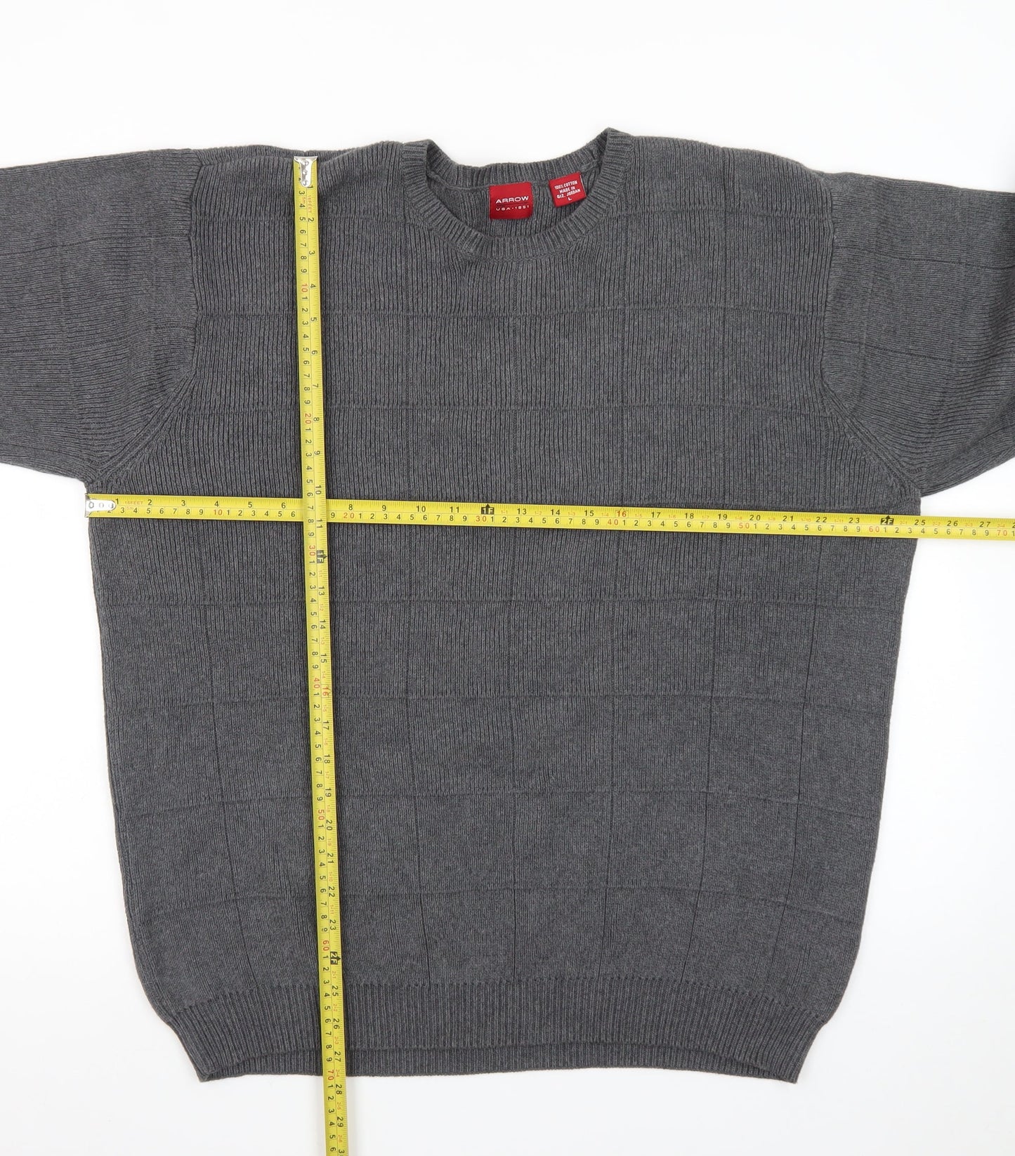 Arrow Men’s Grey Cotton Crew Neck Check Knit Jumper Size L