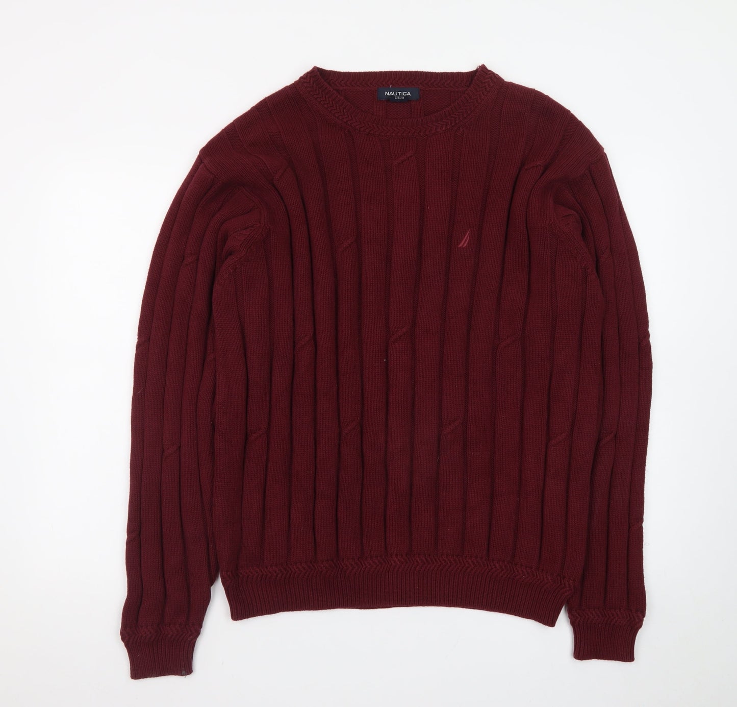Nautica Men's Red Cotton Cable-Knit Crew Neck Jumper L