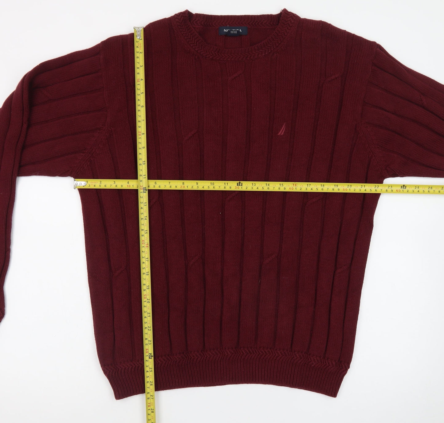 Nautica Men's Red Cotton Cable-Knit Crew Neck Jumper L