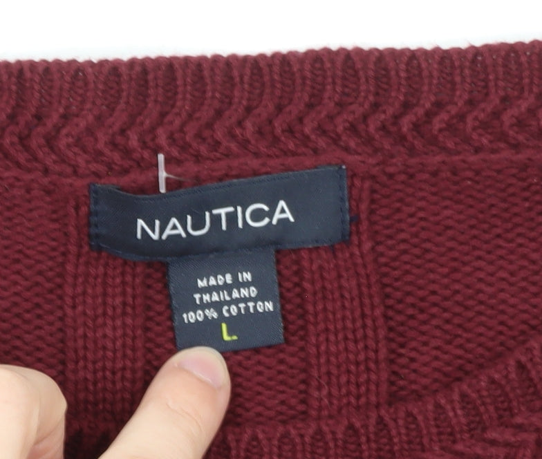 Nautica Men's Red Cotton Cable-Knit Crew Neck Jumper L