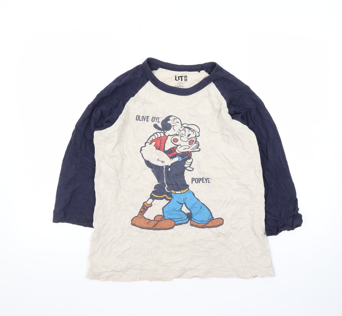 Uniqlo Men Beige Navy Popeye Graphic 3/4 Sleeve T-Shirt Size S