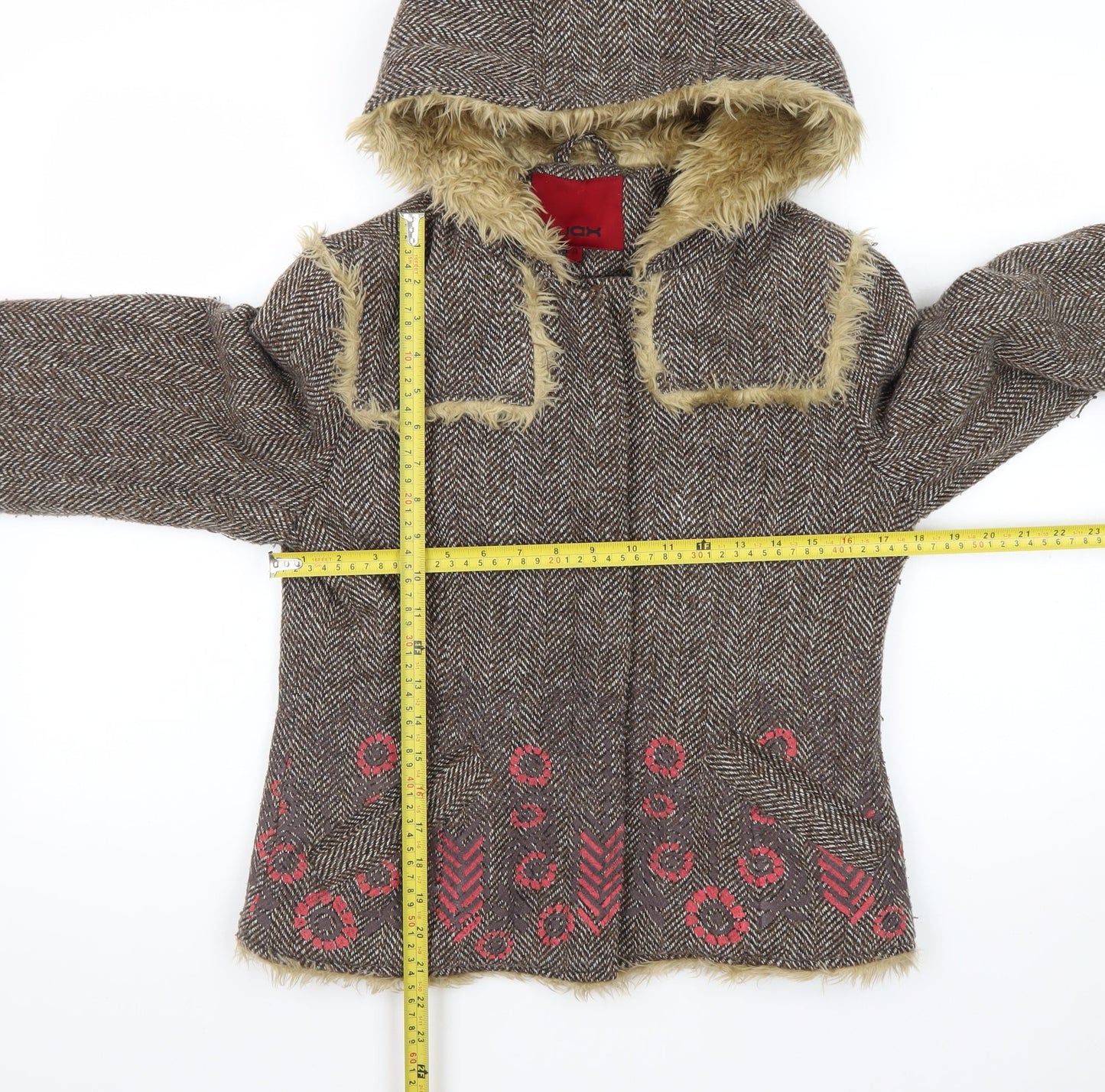 Wax Women's Brown Faux Fur Hooded Tweed Jacket Size 12