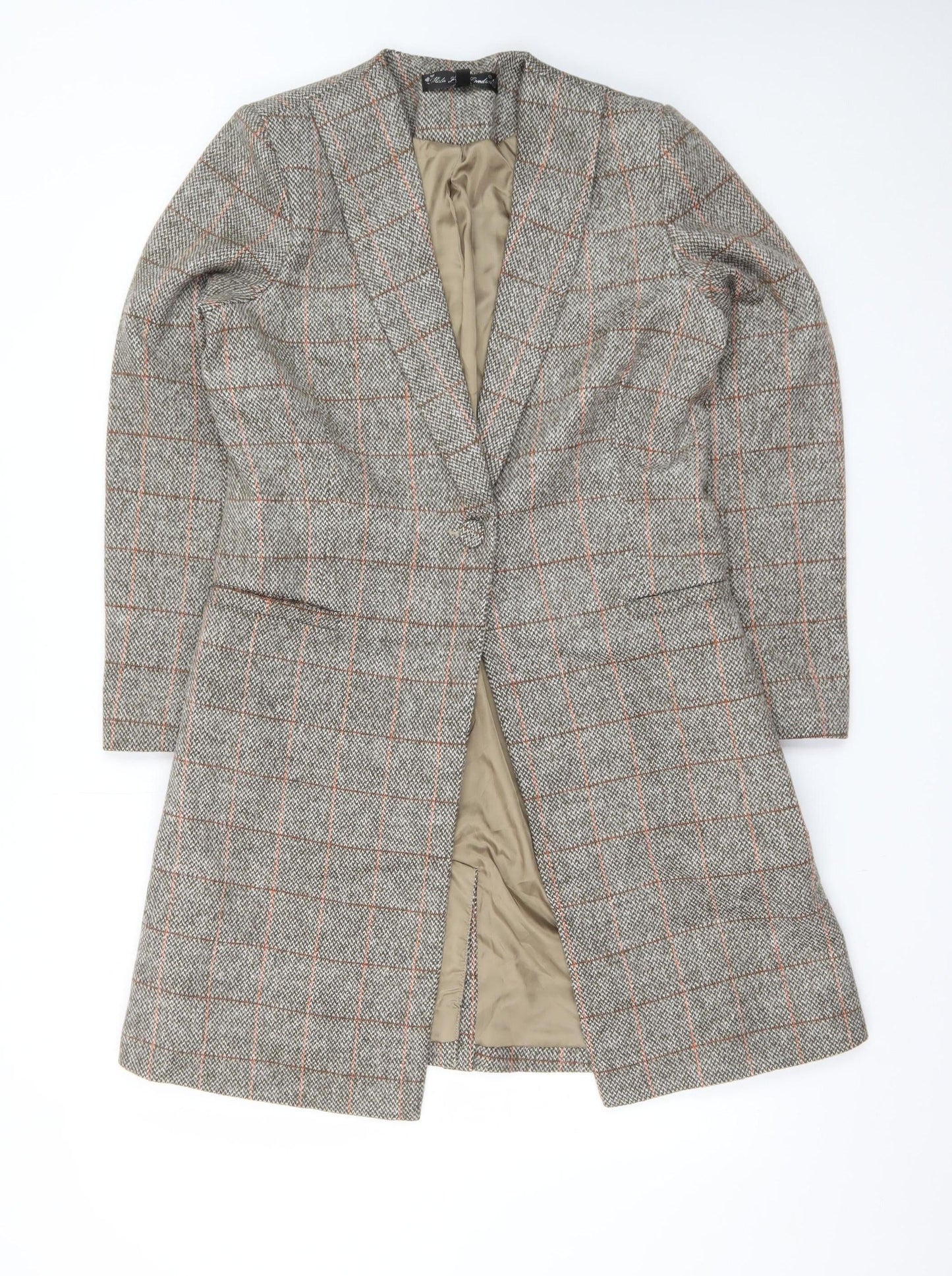Kate Loves London Women Grey Checked Long Wool Blend Coat Size 12