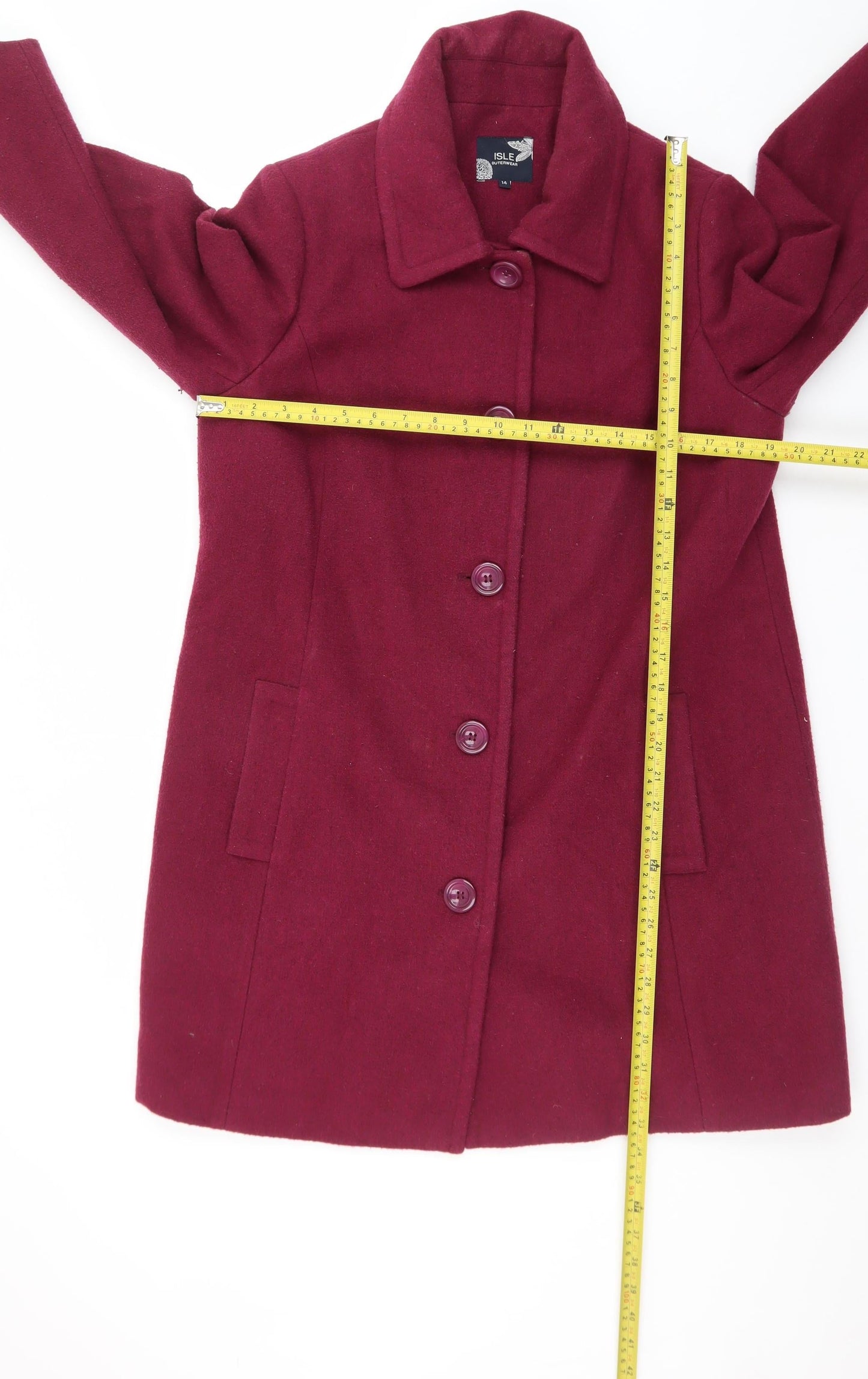 ISLE Women’s Burgundy Wool Blend Mid-Length Overcoat Size 14