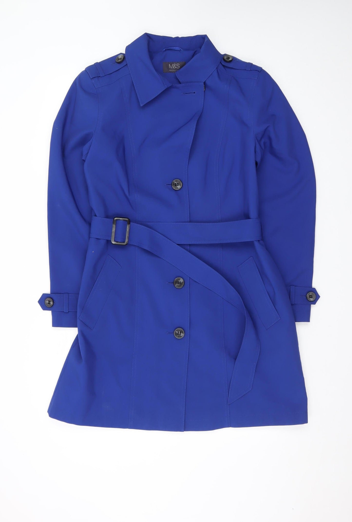 Marks and Spencer Women Blue Size 14 Trench Coat Belted Mid-Length Polyester