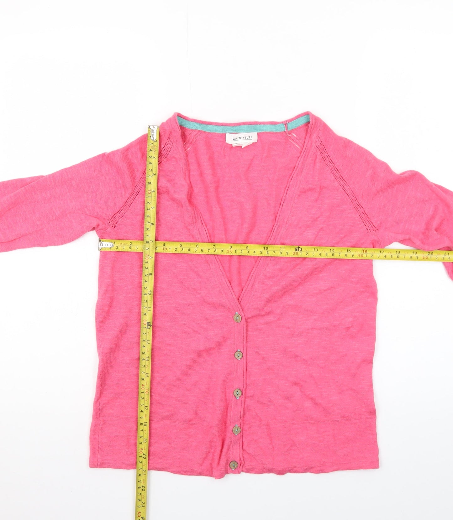 White Stuff Women Pink Cotton V-Neck 3/4 Sleeve Cardigan UK 10