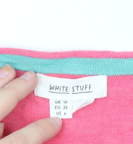 White Stuff Women Pink Cotton V-Neck 3/4 Sleeve Cardigan UK 10