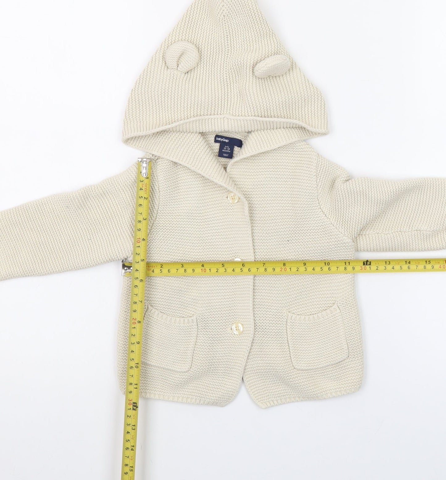 babyGap Unisex Ivory Knitted Hooded Cardigan 12-18 Months with Bear Ears