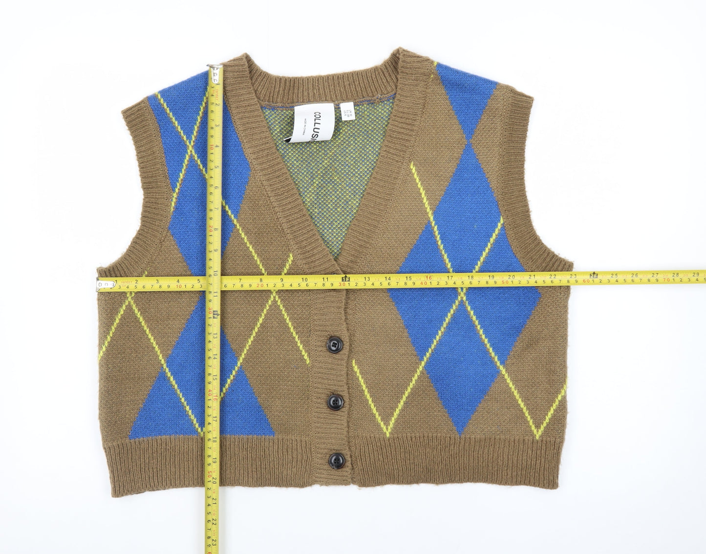 Collusion Brown Argyle Knit V-Neck Vest Unisex S Acrylic Retro Style