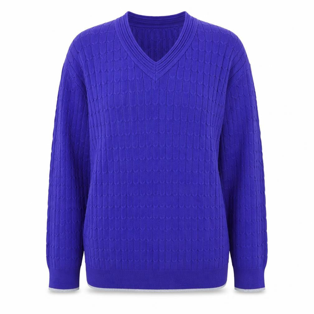 Laura Ashley Women's Blue V-Neck Cotton Cable Knit Jumper Size 12