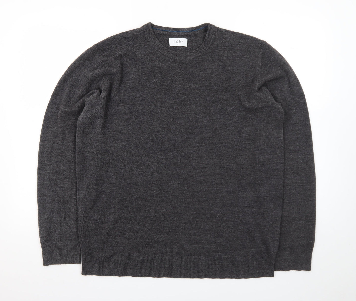 EASY Men Grey Wool Crew Neck Pullover Jumper Size L