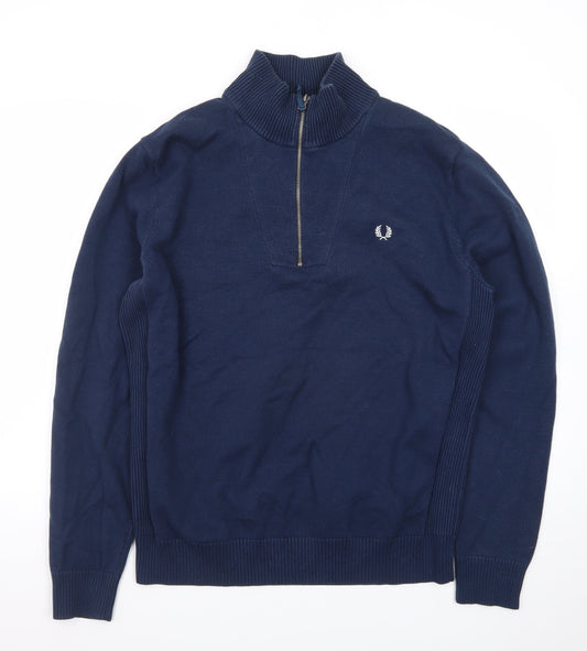 Fred Perry Men's Blue XL 1/2 Zip High Neck Cotton Jumper