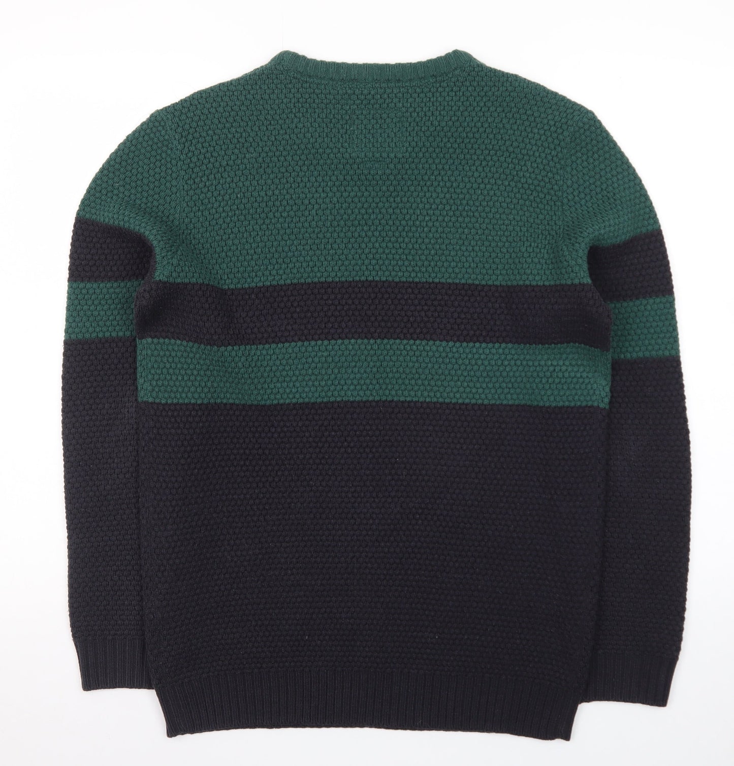 Le Shark Men's Green Black Striped Chunky Knit Jumper Medium