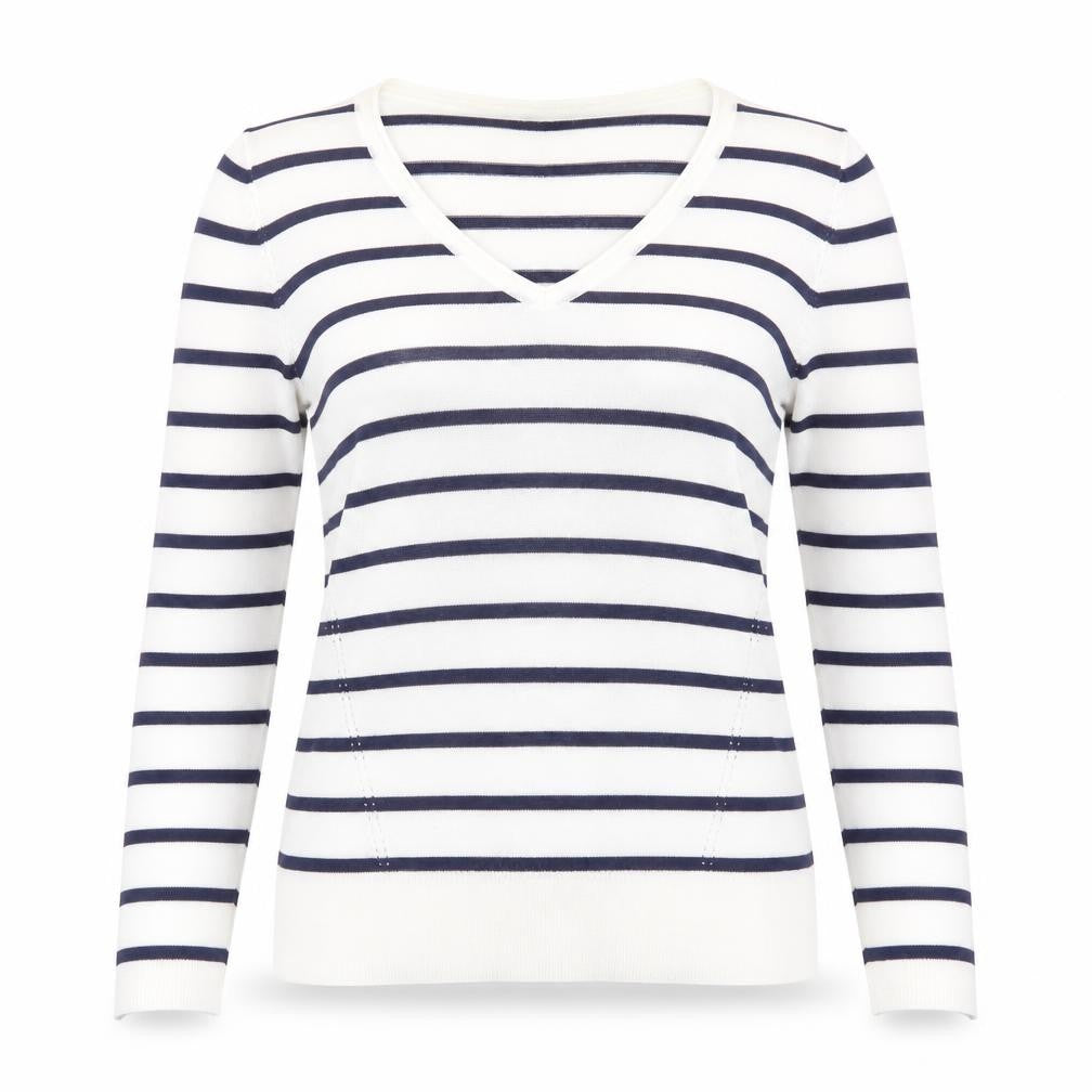 Marks & Spencer Women's Navy Stripe V-Neck Jumper Size 8