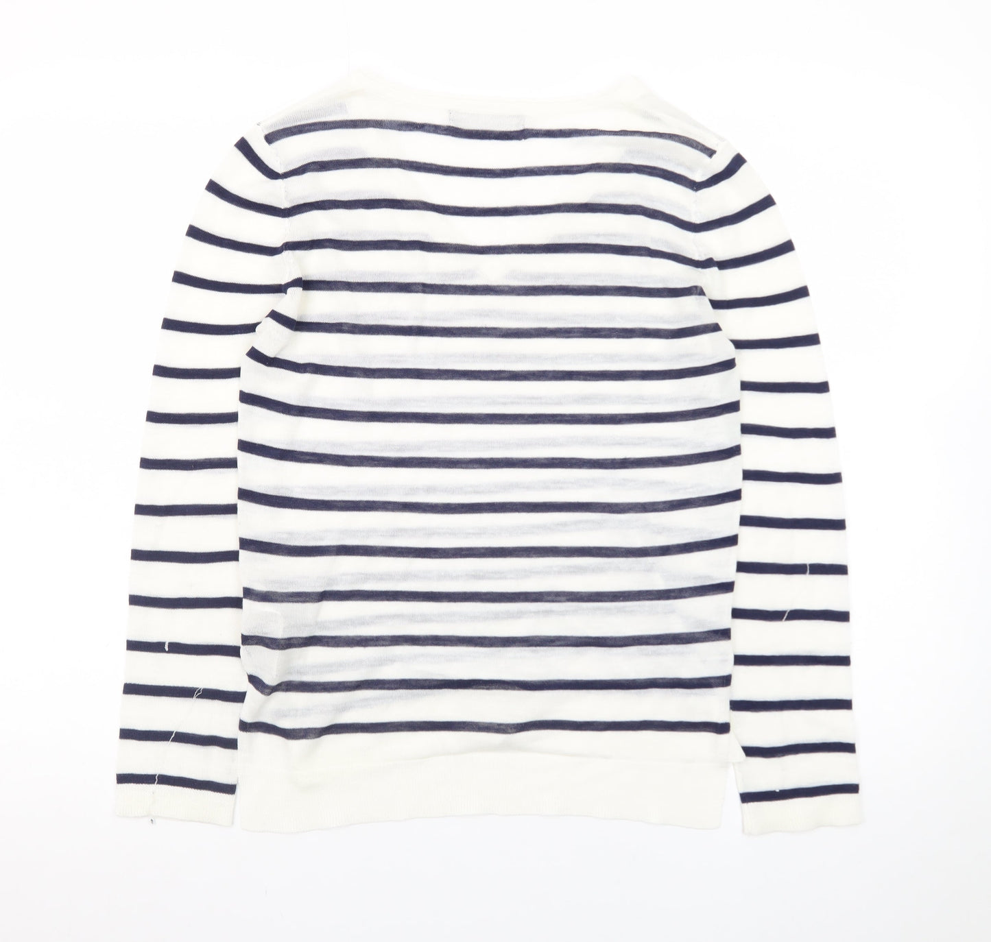 Marks and Spencer Women's Navy Stripe V-Neck Jumper Size 8