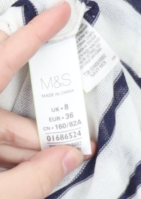 Marks and Spencer Women's Navy Stripe V-Neck Jumper Size 8