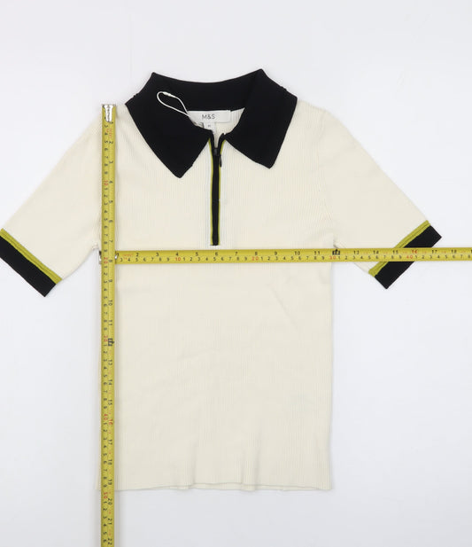 Marks and Spencer Ivory Short Sleeve Slim Knit Polo Shirt XS