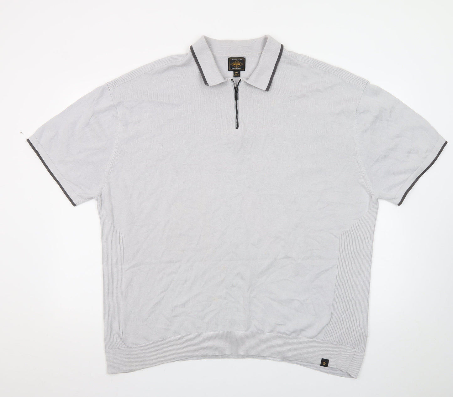 Next Men's Grey 2XL Quarter Zip Polo Shirt Cotton Casual Top