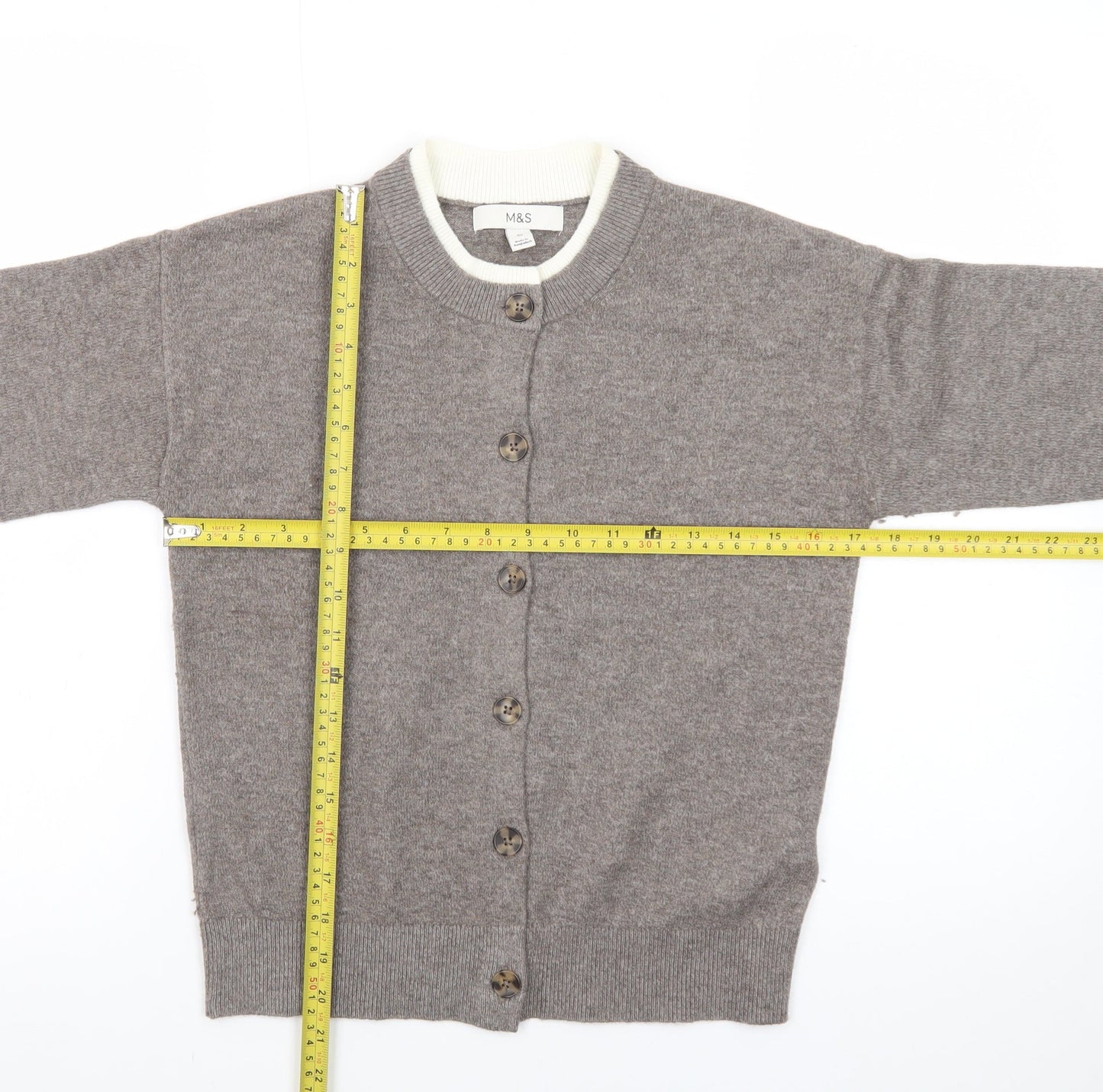 Marks and Spencer Women Brown XS Crew Neck Button Cardigan