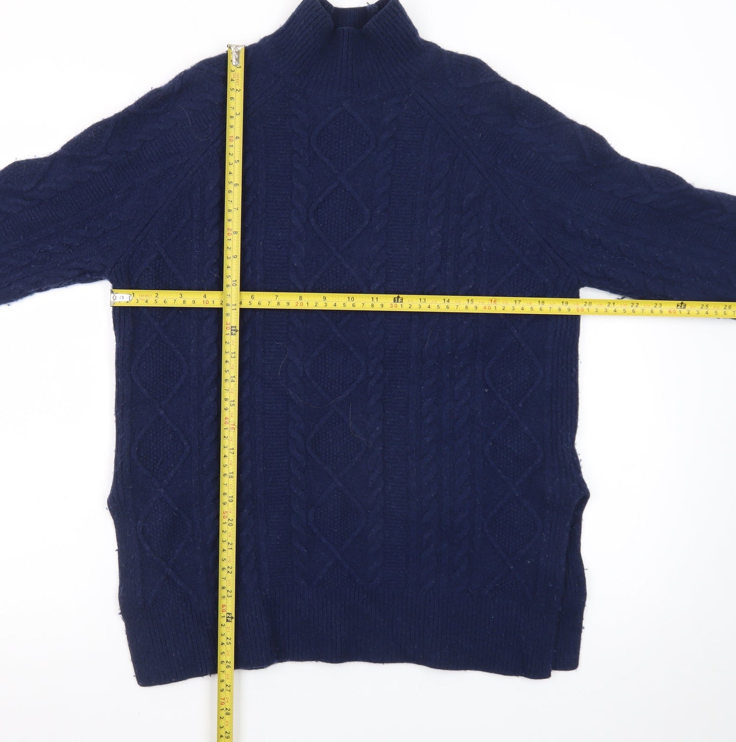 Reiss Women Blue Wool Mock Neck Cable-Knit Jumper XS
