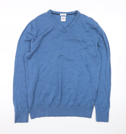 GAP Men's Blue V-Neck Merino Wool Jumper Size M