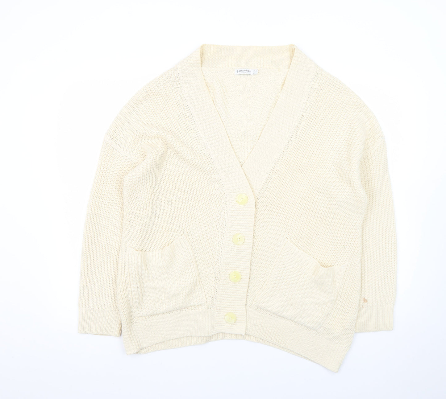 Stradivarius Women Ivory XS Knit Cotton Button Cardigan Jumper