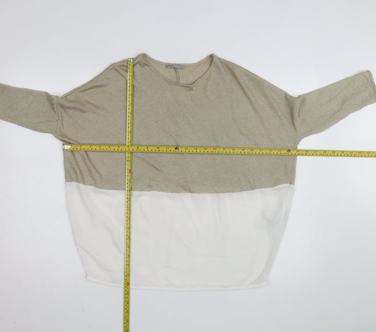 Zara Women Beige Colourblock Relaxed Knit Chiffon Blouse M