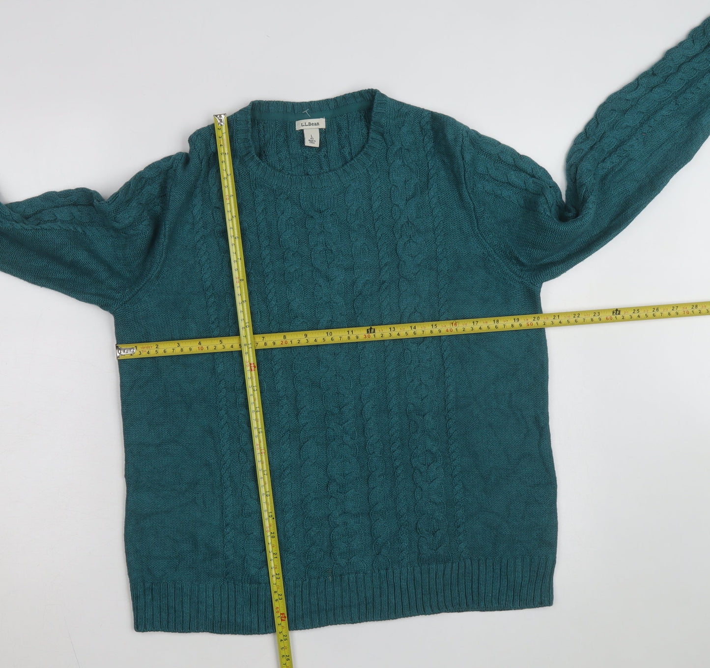 L.L.Bean Mens Green Cable-Knit Cotton Jumper Size L Crew Neck