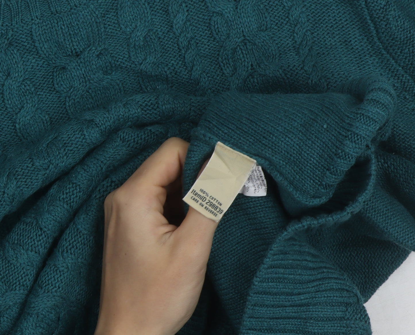 L.L.Bean Mens Green Cable-Knit Cotton Jumper Size L Crew Neck