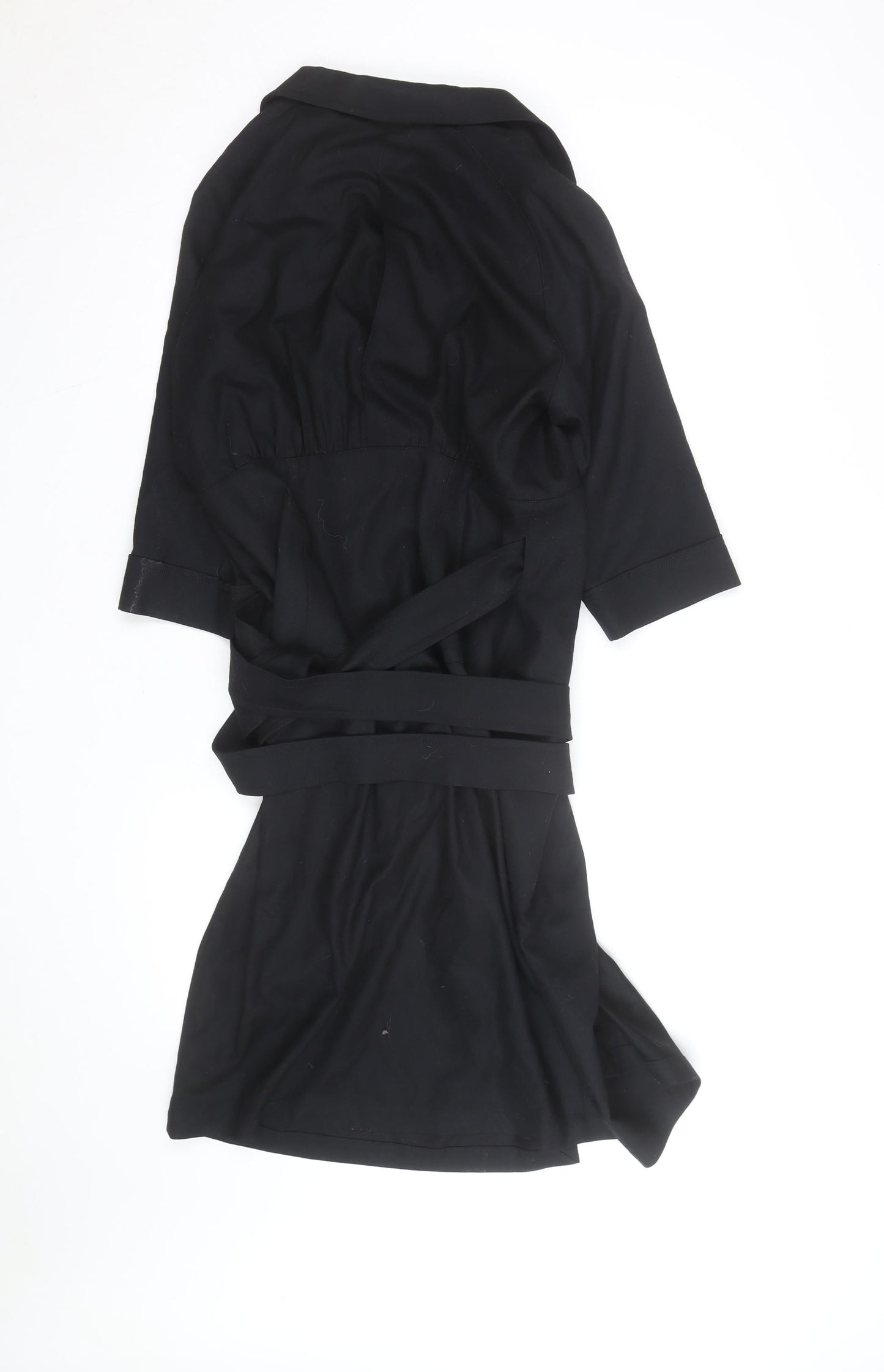 MaxMara Women’s Black Cotton Wrap Dress Size 14 Collared Belted Style