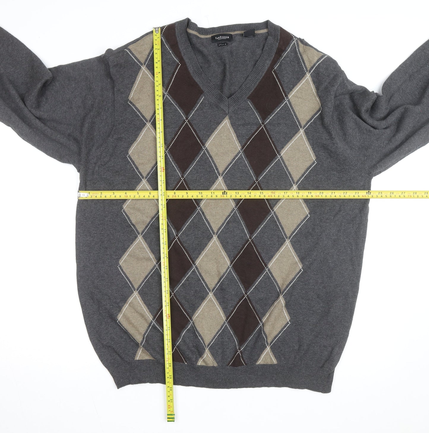 Van Heusen Men's Grey Argyle V-Neck Cotton Jumper XL