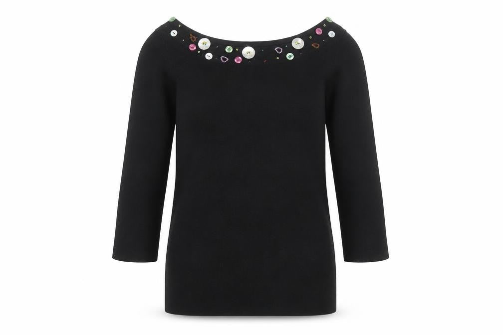 Linda Matthews Womens Black Beaded Boat Neck 3/4 Sleeve Knit Jumper S