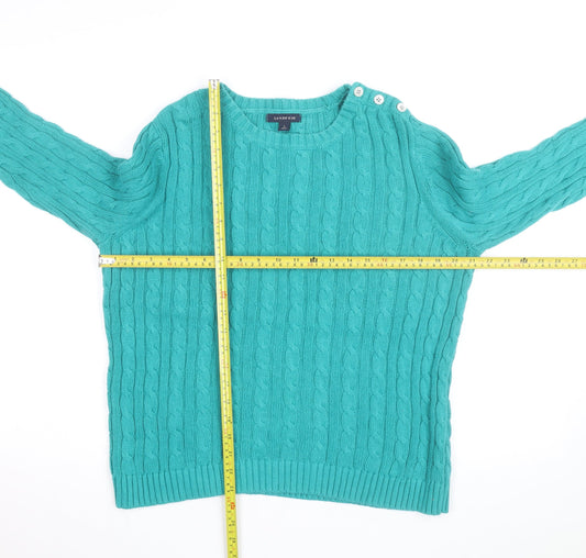 Lands' End Women's Green Cable-Knit Cotton Jumper Size L